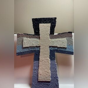 Diamond Art Cross Decor Blue & White Beaded Wooden Tabletop Accent Sealed